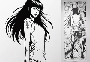 portrait of tomie standing up a character by the horror manga author junji ito full body standing menacingly. add more horror and gore elements tattoo idea