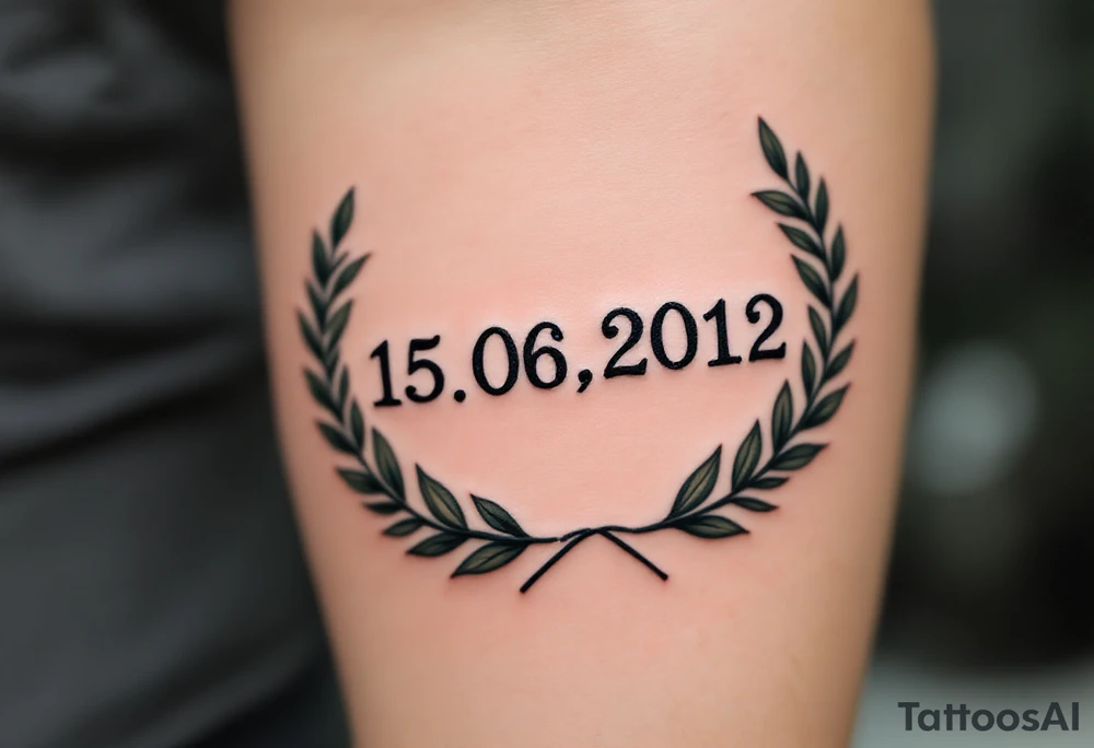 Birth date "15.06.2012" in typewriter font encased in a dusty green laurel wreath. tattoo idea
