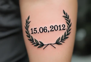 Birth date "15.06.2012" in typewriter font encased in a dusty green laurel wreath. tattoo idea