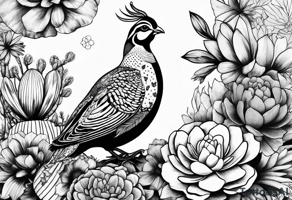 Quails, cactus, flowers tattoo idea