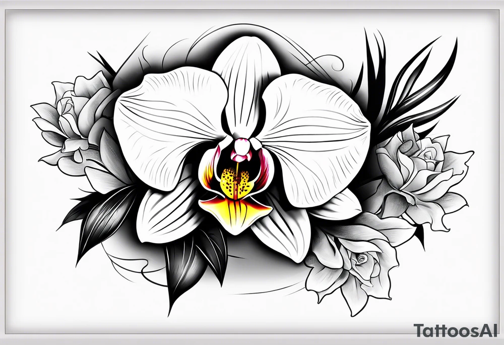 One Cymbidium orchid in the middle with a rose on each side tattoo idea