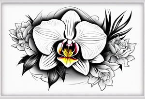 One Cymbidium orchid in the middle with a rose on each side tattoo idea