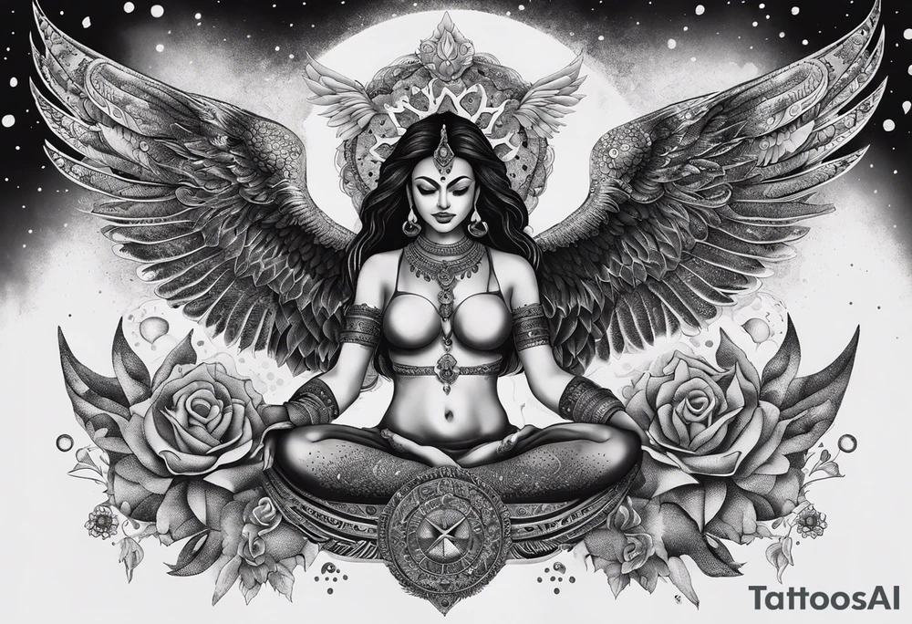 black kali, goddess pirate, alien, angel, pachamama, valkrye, warrior, flying, skull, lotus azul, wing, eagle, zenza resonance, stars, 5D, anahata chakra, death, durga, riding on a tiger, flying lady, kundalini, chest tatoo, samuri, rebel, serpent tattoo idea