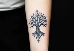 mystical tree of life with cosmic roots and celestial branches tattoo idea