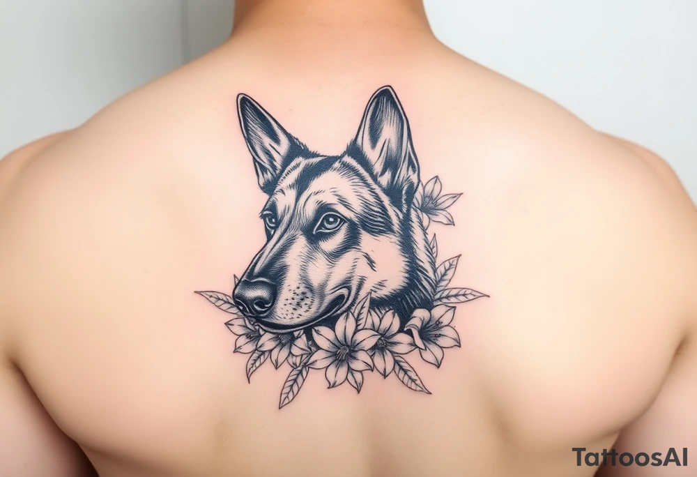 short haired german shepherd floral lilies tattoo idea