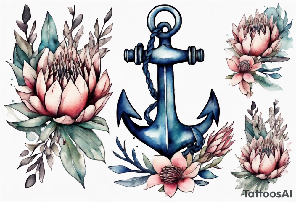 Very feminine tattoo of an anchor with protea flowers tattoo idea