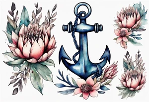 Very feminine tattoo of an anchor with protea flowers tattoo idea