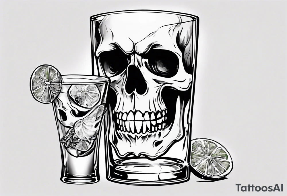 A happy, looking to the left scull inside the glass with alcohol and piece of lime tattoo idea