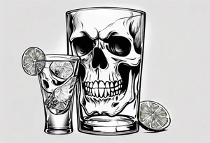 A happy, looking to the left scull inside the glass with alcohol and piece of lime tattoo idea
