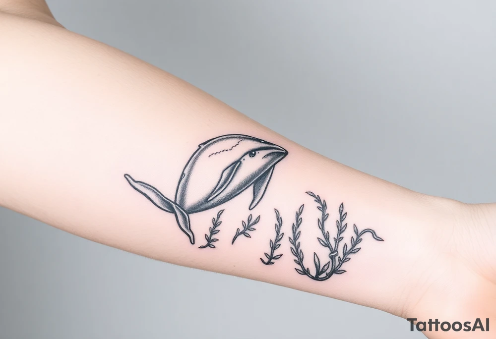 Forearm design, size = most of forearm.   Illustrative B/W with mix of heavy and light linework, detail, shading and artistic styling.   Humpback whale that is breaching.  Kelp underwater framing whale as it emerges. tattoo idea
