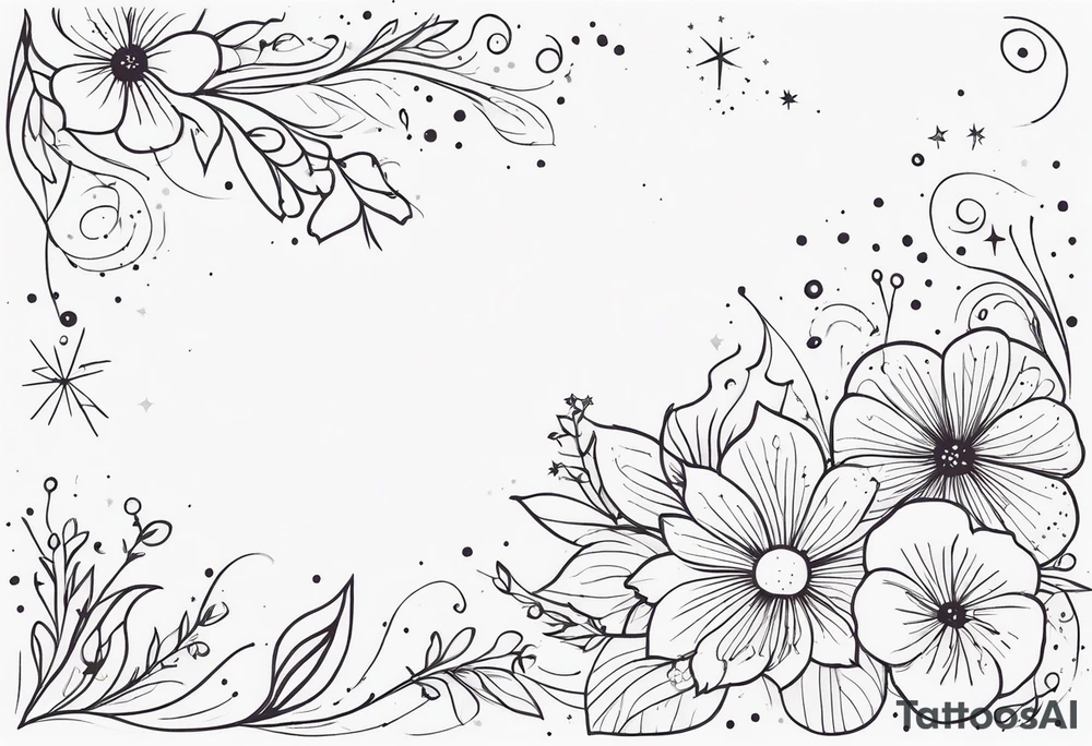 fine line floral with stars, swirls, dots tattoo idea