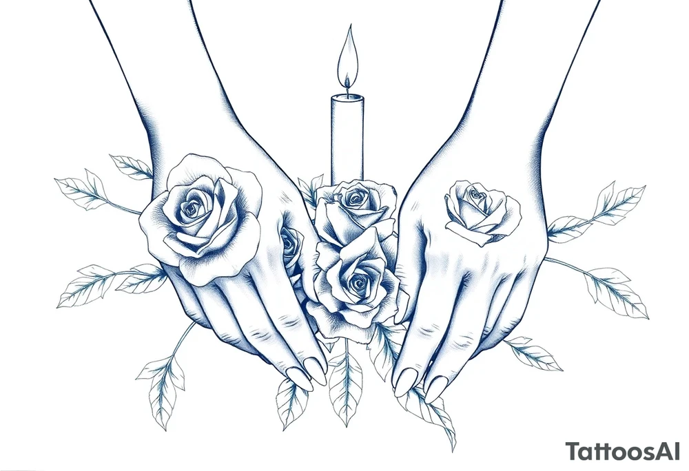 Two hands, roses, two candles, blue tattoo idea