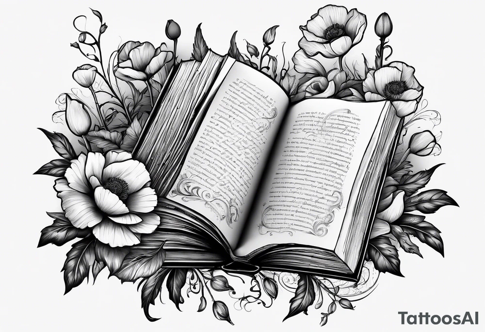 A book with a dagger surrounded by poppies tattoo idea A book with a dagger surrounded by poppies tattoo idea