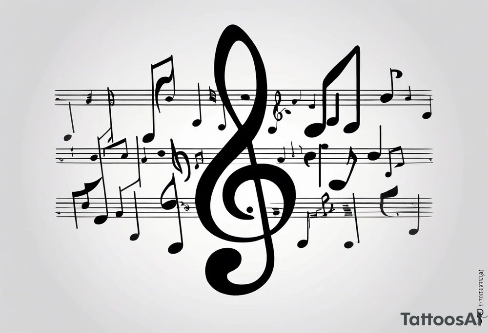 Minimalist line work tattoo, depicting musical
Notes and the letters “R” and “L” which symbolize Lainey and remi. tattoo idea