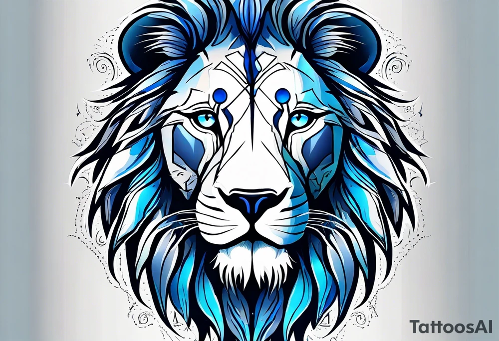 face of a lion with a third eye. Left eye blue, right eye brown. The third eye on the forehead is abstract. Around the muzzle there is a compass bezel tattoo idea