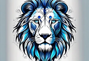 face of a lion with a third eye. Left eye blue, right eye brown. The third eye on the forehead is abstract. Around the muzzle there is a compass bezel tattoo idea