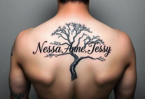the name Nessa, Anne, Jessy
 on a live tree tattoo idea