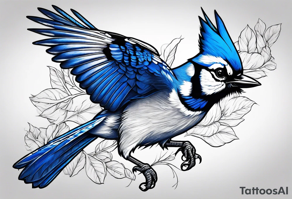 Strong blue jay bird in flight head down tattoo idea