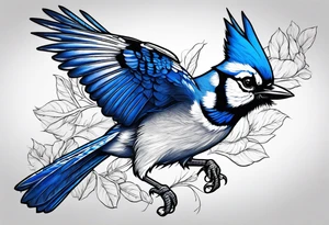 Strong blue jay bird in flight head down tattoo idea