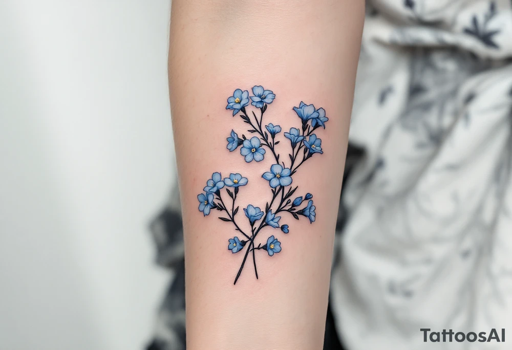 Subtle date 23.03.1993 in fine black linework, wrapped in pastel blue forget-me-nots. tattoo idea