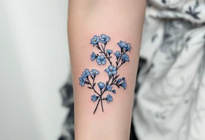 Subtle date 23.03.1993 in fine black linework, wrapped in pastel blue forget-me-nots. tattoo idea