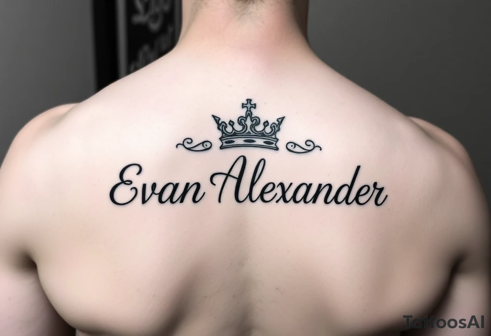 Name tattoo that says Evan Alexander with a crown on forearm tattoo idea