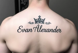 Name tattoo that says Evan Alexander with a crown on forearm tattoo idea
