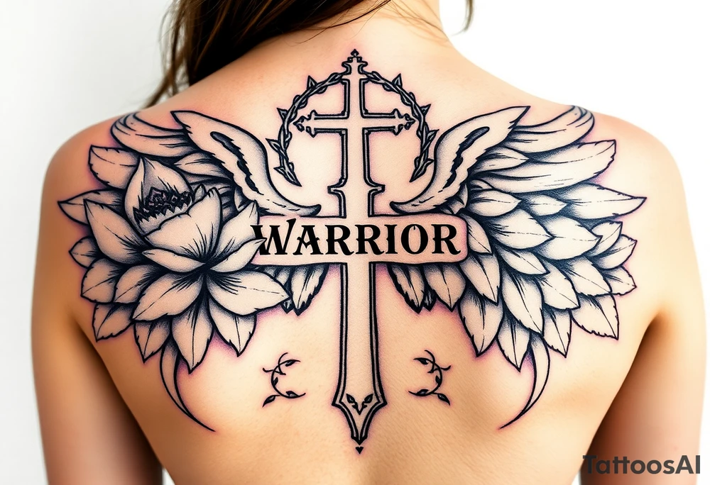 lotus flowers beautiful bold angel wing with word "Warrior" vintage cross crown of thorns tattoo idea