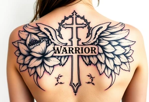 lotus flowers beautiful bold angel wing with word "Warrior" vintage cross crown of thorns tattoo idea