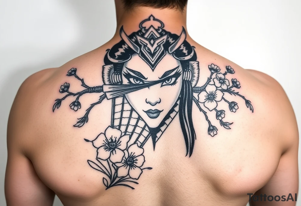Samurai Asian leye lash face warrior
 with a fan across her face with cherry blossom tattoo idea