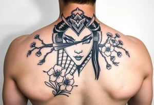 Samurai Asian leye lash face warrior
 with a fan across her face with cherry blossom tattoo idea