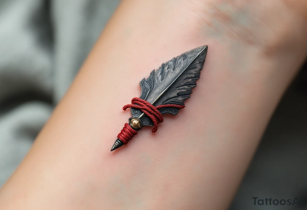A hand-carved flint arrowhead in gray with red cord wrapping, symbolizing strength and survival tattoo idea