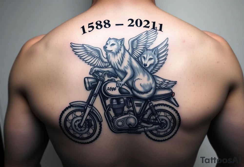 the year 1958 - 2021 with a motorcycle on it with guardian angel wolves tattoo idea