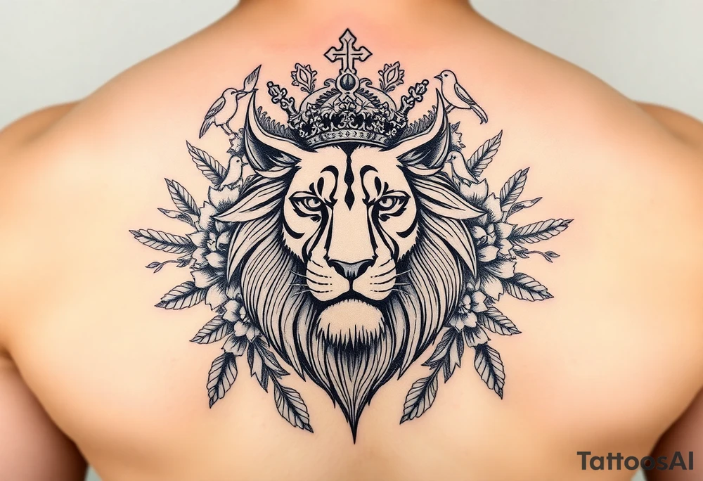 powerful majestic lion with a crown, surrounded by floral ornaments and birds tattoo idea