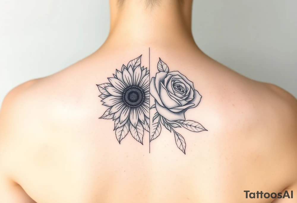 A single symmetrical flower composed of a sunflower on the left half and a rose on the right half, split perfectly down the middle. Surrounding the flower are greenery and leaves. This tattoo is for a woman's arm, so it should also extend vertically. The overall style is minimalist and elegant, with fine lines and no shading or color. tattoo idea