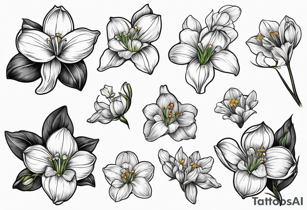 snowdrop flower, iris flower, cherry blossom flower, daisy flower, morning glory flower bouquet tattoo idea