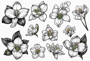 snowdrop flower, iris flower, cherry blossom flower, daisy flower, morning glory flower bouquet tattoo idea