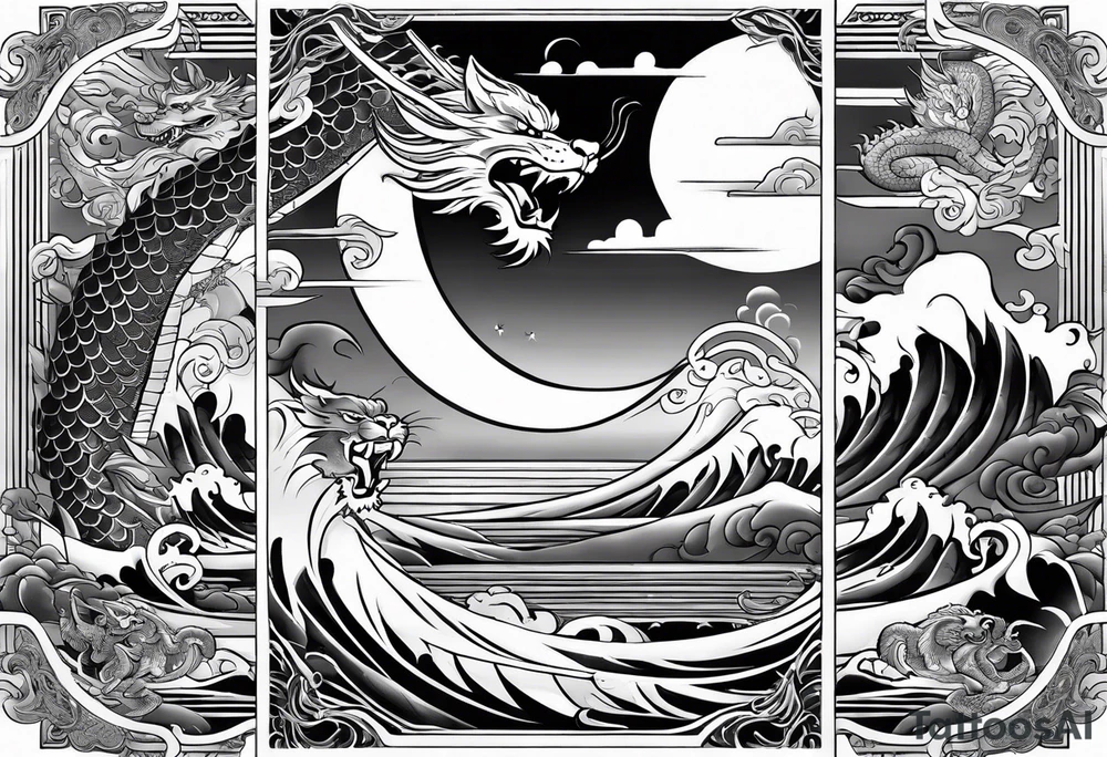 A strip with a dragon, a samurai, an oni and a tiger with waves bellow and clouds above with the sun and the moon tattoo idea