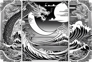 A strip with a dragon, a samurai, an oni and a tiger with waves bellow and clouds above with the sun and the moon tattoo idea
