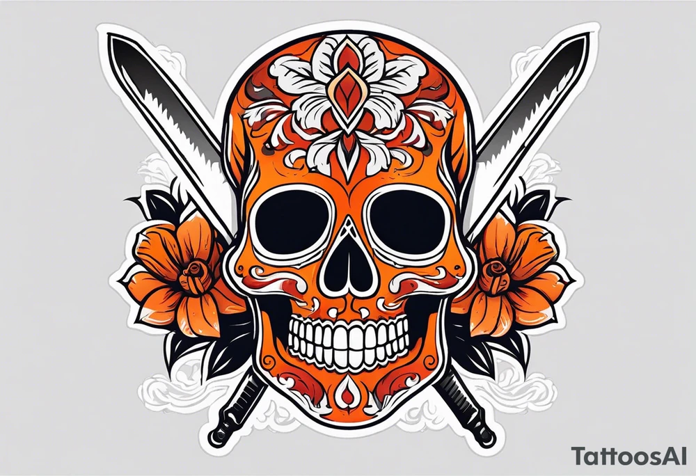 Orange Sugar skull with knifes that are orange and red with smoke around it tattoo idea
