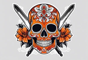 Orange Sugar skull with knifes that are orange and red with smoke around it tattoo idea
