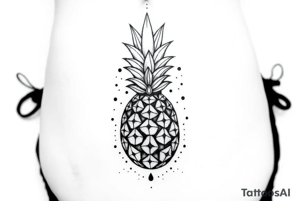 Design around a vagina and anus using a  pineapple with diamonds  and magestic, crown, vagina, anus, pubic tattoo idea