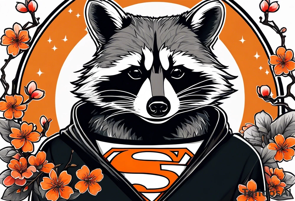Raccoon wearing a white Superman logo on a black hoodie and orange Japanese cherry blossoms beside tattoo idea