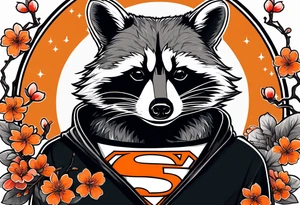 Raccoon wearing a white Superman logo on a black hoodie and orange Japanese cherry blossoms beside tattoo idea
