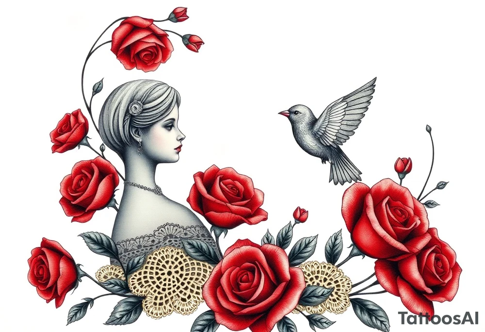 Vintage dollies, red roses, lace, red bird, no people, vintage tattoo idea