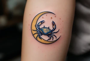 A crescent moon with crab in navy cradles the Cancer constellation in glowing gold ink. tattoo idea