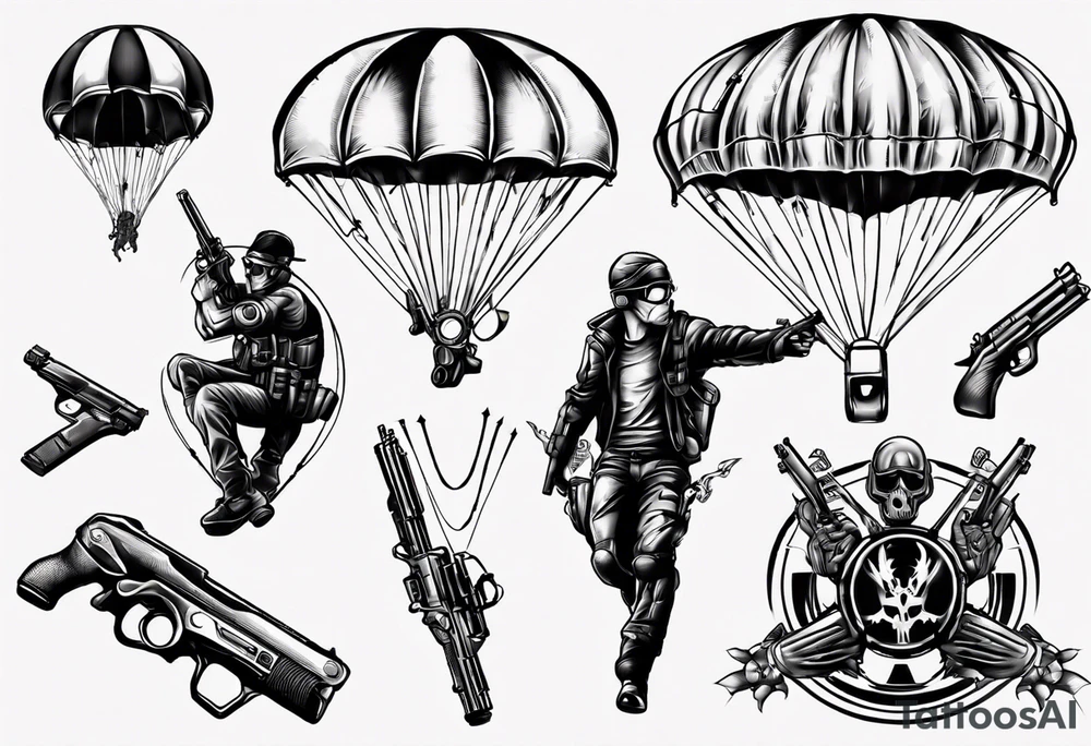 man parachute and shooting guns tattoo idea