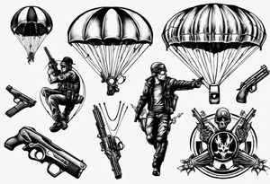 man parachute and shooting guns tattoo idea