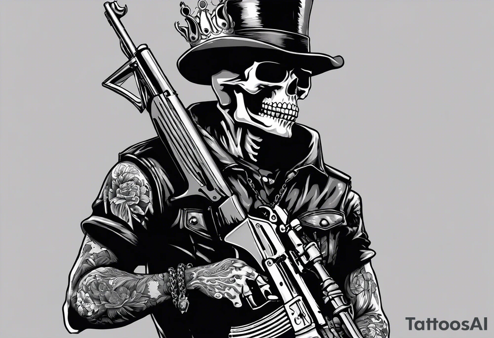 image of a skeleton standing frontally with a crown on his head, holding an AK-47 on his shoulder with his right hand. The chain on the left should be taut, there are three angry barking Dobermans in it, near the waist tattoo idea