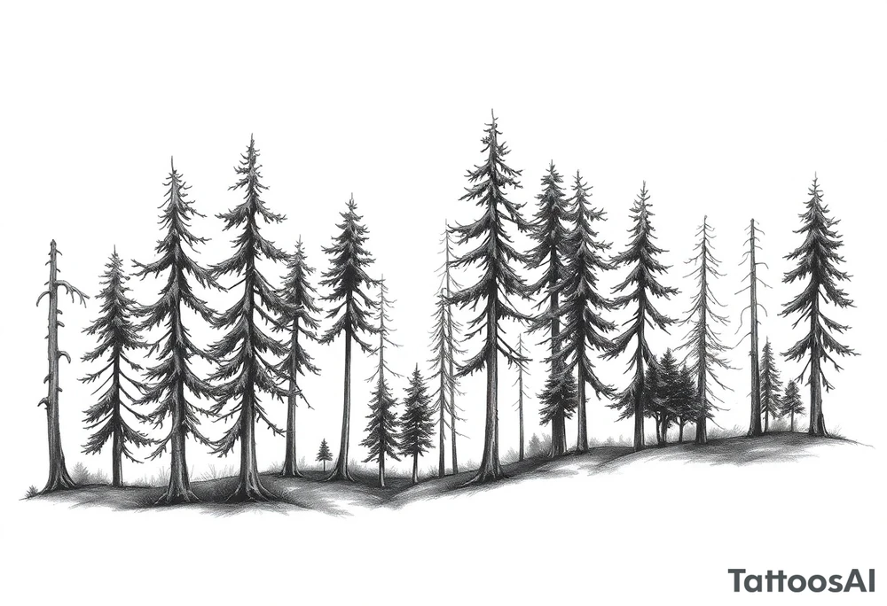 Needle forest with black and gray trees tattoo idea